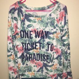 “one way ticket to paradise” floral shirt